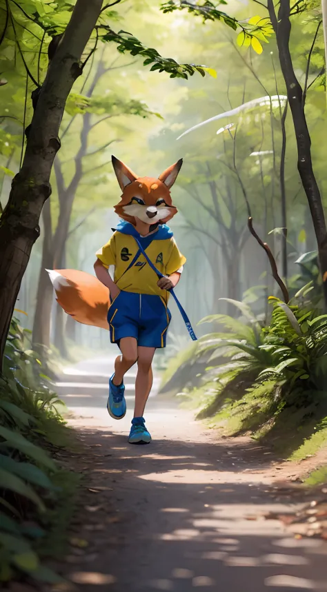There's a boy running around with a fox on a leash, the furry fursuit is running, anthropomorphic fox, uma raposa antro, an anth...