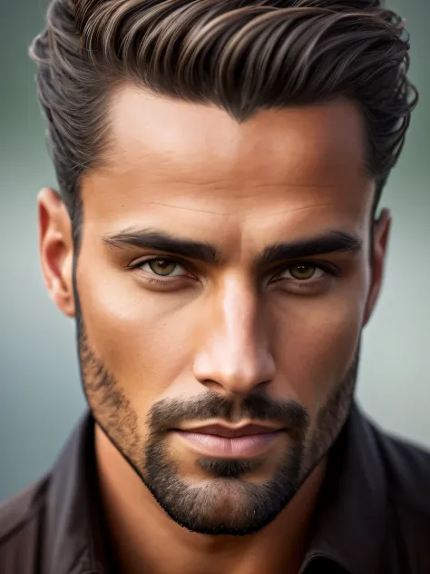 A photorealistic portrait of a stunningly handsome, tanned brazilian male supermodels without makeup, Extrem detaillierte, helle, honigfarbene Augen, Detailliertes, symmetrisches, realistisches Gesicht, Extrem detaillierte, natural texture, Pfirsich-Flaum,...