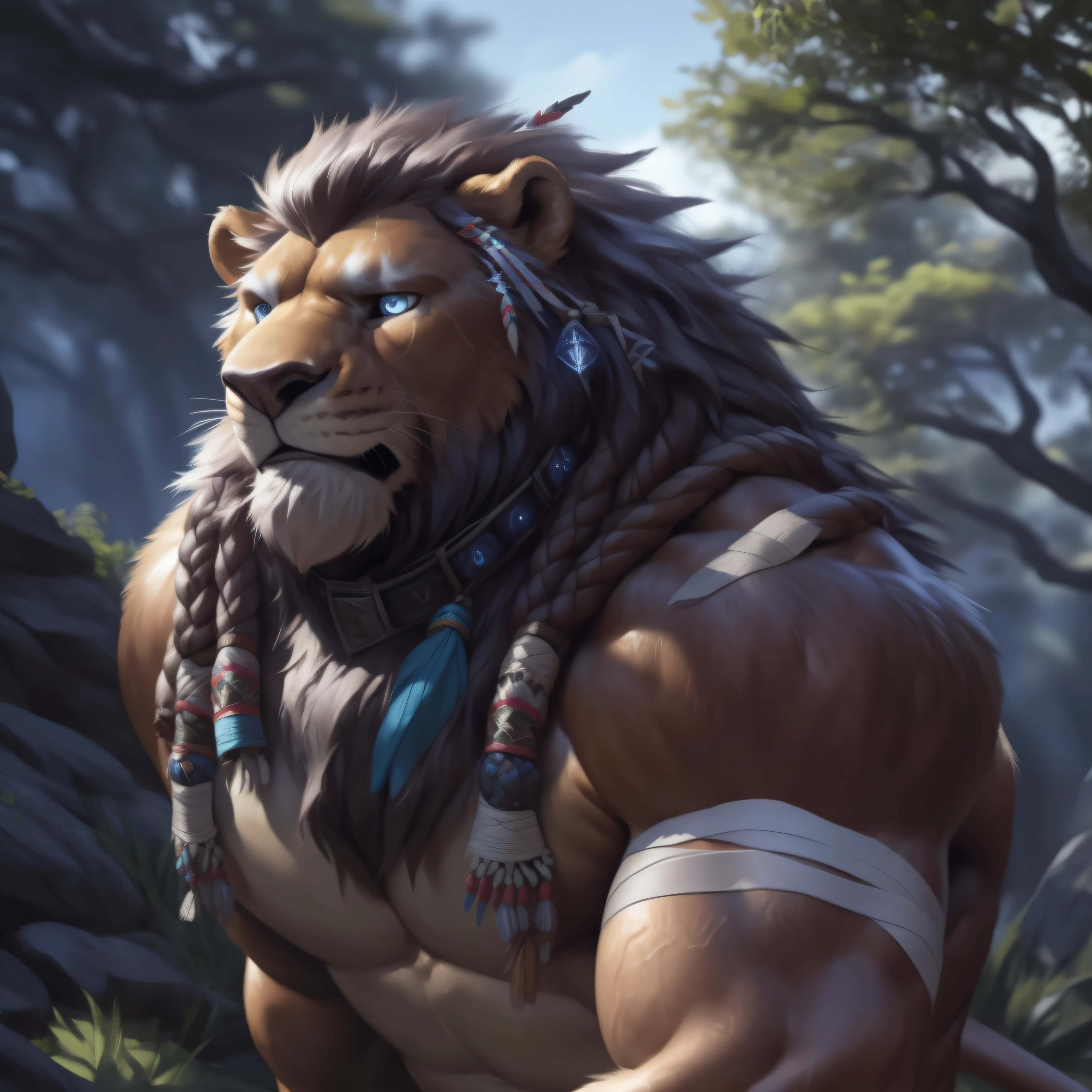 solo, male, (muscular:0.7), shaman, (male anthro lion):1.3, ((hunched over afraid pose)):1.3, (kemono:0.6), (tribal clothing, bandage wraps), detailed eyes, large tail, mane, ((bust portrait)), (detailed eyes, blue eyes):1.1, (outdoors:1.35), :1.3, detailed Wizard of oz background, photorealistic, realistic hands, 8k hd, (dark shadows, wide dynamic range, hdr, low light:1.2), by (by Pino Daeni, (by ruaidri), by virtyalfobo), (best quality, masterpiece:1), furry scared lion, brown fur, fuzzy, blushing, collar, scared, big mane, buldge, photo-realistic, octane render, unreal engine, ultra-realistic