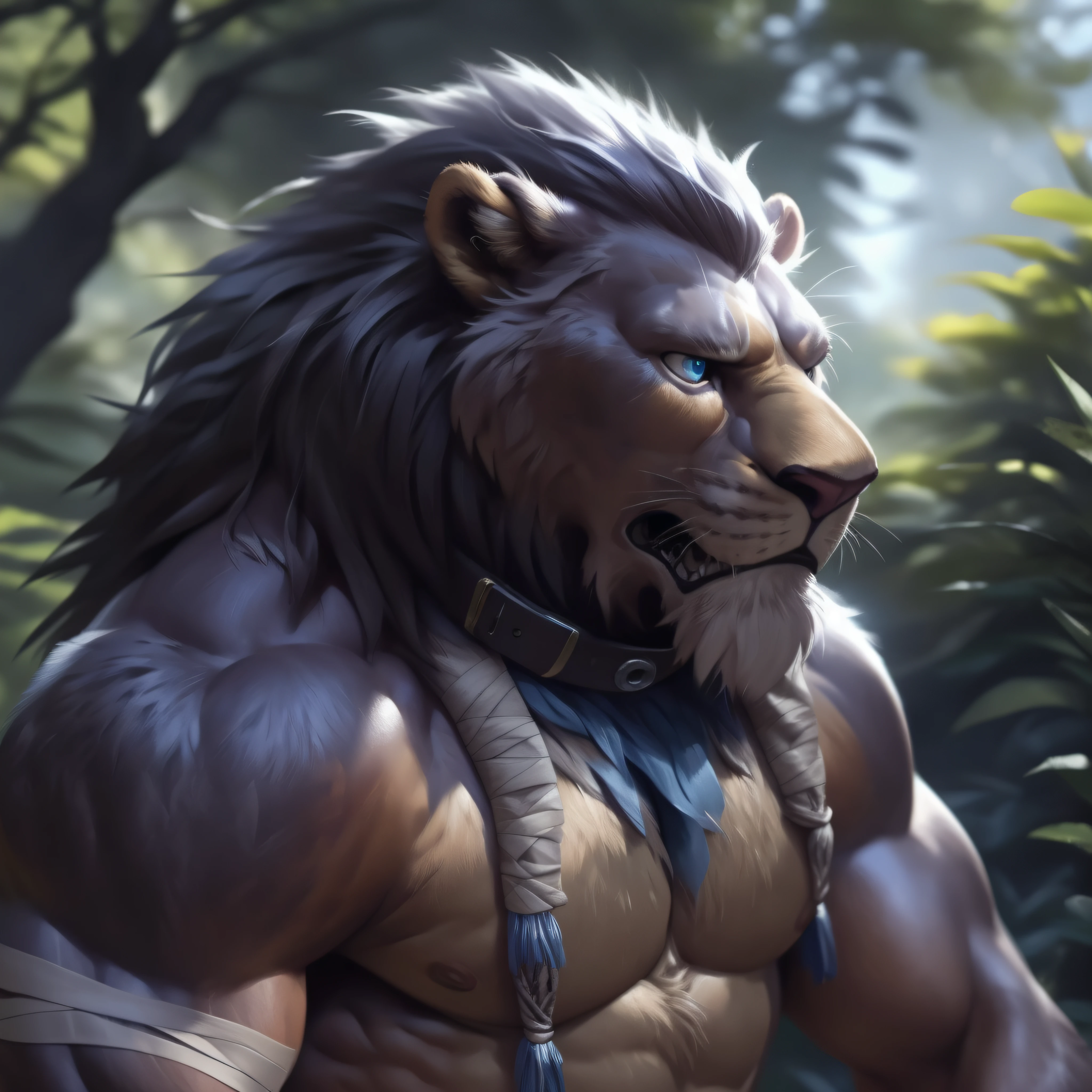 solo, male, (muscular:0.7), shaman, (male anthro lion):1.3, (((Sad scared look on his face))) ((hunched over afraid pose)):1.3, (kemono:0.6), (tribal clothing, bandage wraps), detailed eyes, large tail, mane, ((bust portrait)), (detailed eyes, blue eyes):1.1, (outdoors:1.35), :1.3, detailed Wizard of oz background, photorealistic, realistic hands, 8k hd, (dark shadows, wide dynamic range, hdr, low light:1.2), by (by Pino Daeni, (by ruaidri), by virtyalfobo), (best quality, masterpiece:1), furry scared lion, brown fur, fuzzy, blushing, collar, scared, big mane, buldge, photo-realistic, octane render, unreal engine, ultra-realistic