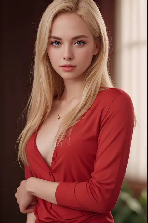 RAW photo, portrait of a beautiful blonde woman wearing a red shirt (high detailed skin:1.2), 8k uhd, dslr, soft lighting, high ...