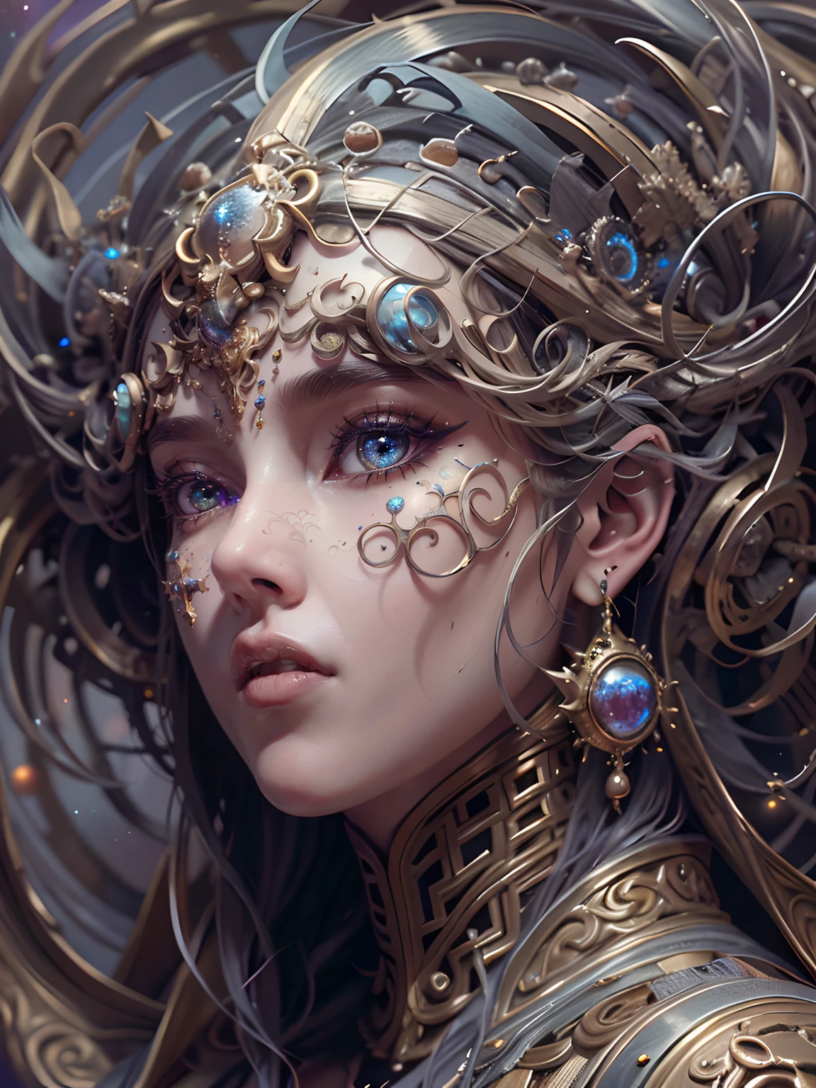 （best qualtiy，ultra - detailed，Most Best Illustration，Best shadow，tmasterpiece，A high resolution，professionalartwork，famousartwork），Detailed eyes，beautidful eyes，closeup cleavage，sci-fy，colored sclera，Robot eyes，face markings，Tattooed with，（fractalized，Fractal eyes），largeeyes，Wide eyes，（Eye focus），sface focus，Cosmic eyes，Space eyes，Close-up of metal sculpture of a woman with a universe in her hair，goddes。extremly high detail，3 d goddess portrait，Extremely detailed footage of the goddess，a stunning portrait of a goddess，Side image of the goddess，portrait of a beautiful goddess，Full body close-up portrait of the goddess，hecate goddess，portrait of a norse universe goddess，goddess of space and time