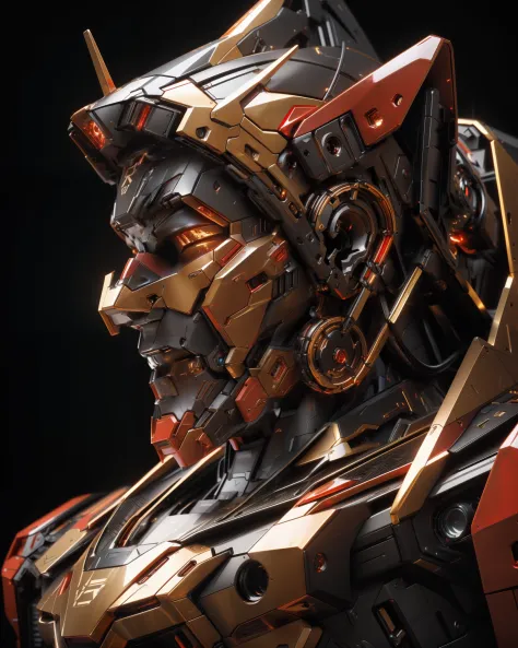 Masterpiece, Cowboy shot, Side angle, Intricate red, black, and gold-colored futuristic Gundam Mecha with highly detailed mechanical parts, (best quality, 4k, highres, masterpiece:1.2), ultra-detailed, (realistic, photorealistic:1.37) appearance, studio li...