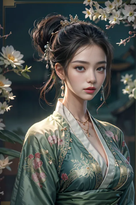 The art depicts a photorealistic charming woman wearing a silky traditional hanfu in noble colour, decorated with intricate patt...