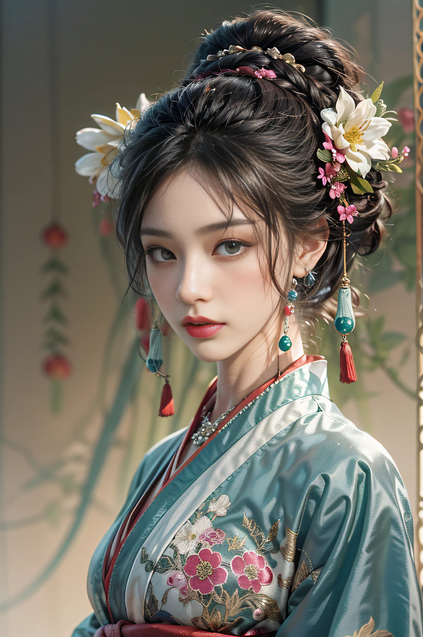 Cet art représente une charmante jeune fille photoréaliste portant un hanfu traditionnel., le hanfu est décoré de motifs complexes et de couleurs nobles. Son hanfu est soyeux, se drape élégamment sur sa silhouette anatomique parfaite, accentuant sa silhouette séduisante. Elle a des seins énormes et un décolleté révélateur. Elle se tenait gracieusement dans la nuit tranquille au clair de lune, baigné dans la douce lueur du clair de lune. La scène dégage une atmosphère orientale et rêveuse, Avec une touche de mystère. Le style graphique mélange les techniques d&#39;aquarelle et de CGI pour évoquer une beauté et un charme raffinés.. Le clair de lune brille sur les traits de son visage en trois dimensions. ajouter_détail:0.5, cheveux chignons, poils moyens, bandeau décoré de fleurs, collier de jade, boucle d&#39;oreille