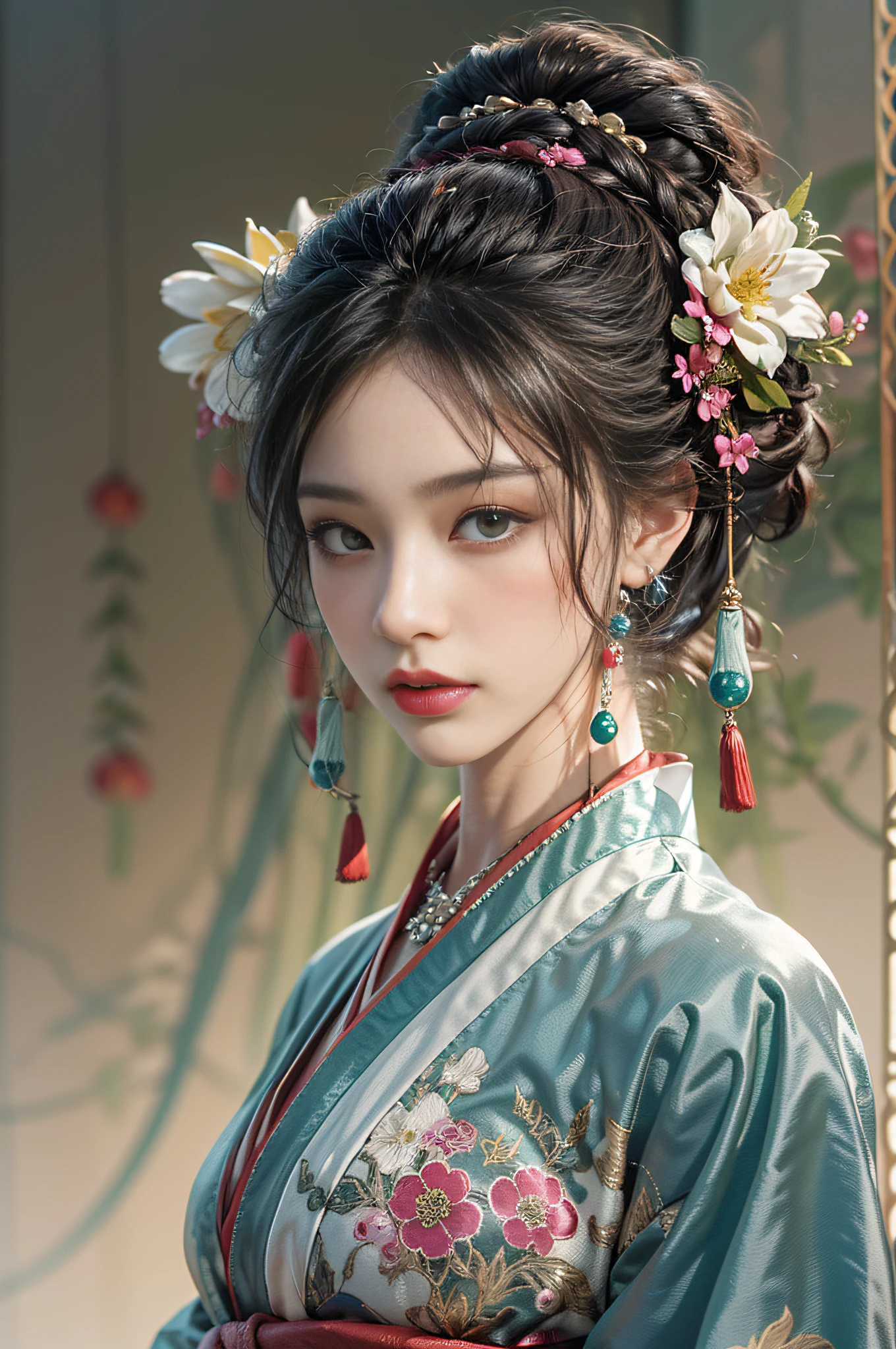 Este arte representa a una encantadora joven fotorrealista que lleva un hanfu tradicional., El hanfu está decorado con patrones intrincados y en colores nobles.. Su hanfu es suave como la seda., cubre elegantemente su figura de anatomía perfecta acentuando su silueta seductora. Ella tiene pechos enormes y un escote revelador.. Ella se paró con gracia en la tranquila noche iluminada por la luna., bañado por el suave resplandor de la luz de la luna. La escena desprende una atmósfera oriental y de ensueño., Con un toque de misterio. El estilo gráfico combina técnicas de acuarela y CGI para evocar una belleza y un encanto refinados.. La luz de la luna brilla sobre sus rasgos faciales tridimensionales.. agregar_detalle:0.5, pelos recogidos, pelos medianos, diadema decorada con flores, collar de jade, arete