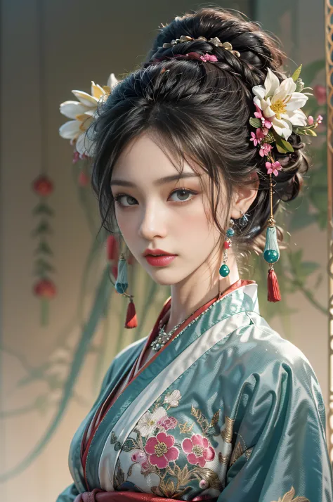 This art depicts a photorealistic charming young girl wearing a traditional hanfu, the hanfu is decorated with intricate pattern...