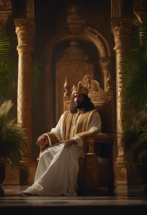 portrait King Solomon, sitting on the throne, in the palace, beautiful scenery, with plants close, subjects close, realistic, cinematic 8k