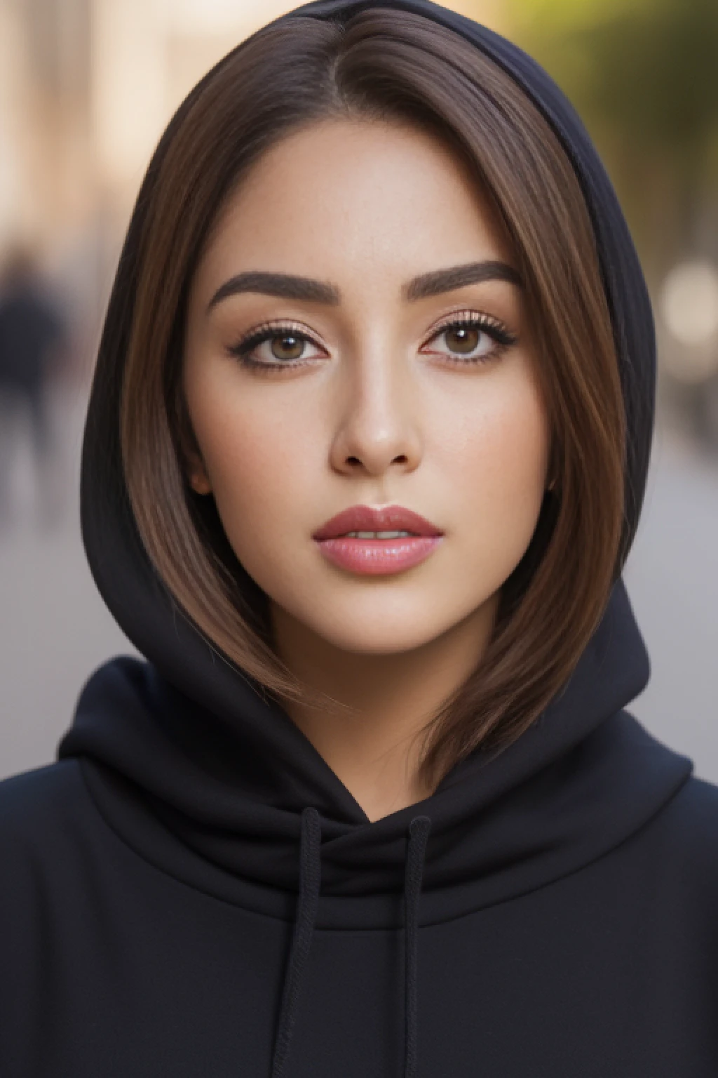 ((Realistic lighting, Best quality, 8K, Masterpiece: 1.3)), Clear focus: 1.2, 2girl, Perfect Figure: 1.4, Slim Abs: 1.1, ((Dark brown hair)), (hoodie and joggers: 1.4), Super fine face, Fine eyes, Double eyelids, woman sunny street next to an red baloon,  a portrait inspired by Gina Pellón, instagram, tachisme, violet myers, lorena avarez, olivia culpo, alanis guillen, looks like laura barriales, portrait sophie mudd, tanned ameera al taweel, beautiful mexican woman