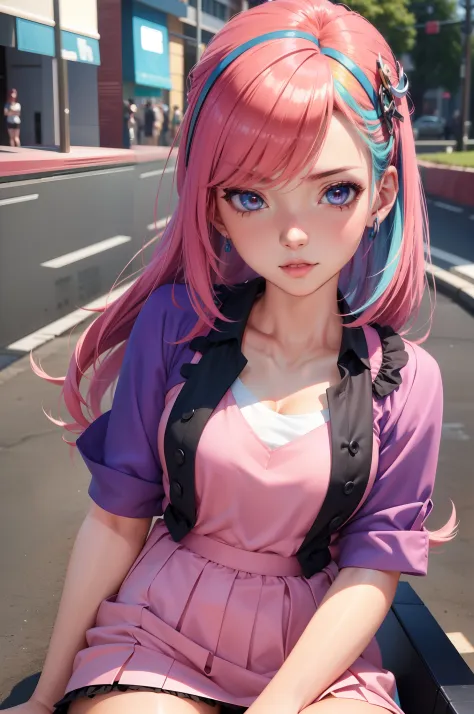 (hetetocromia),Menina anime com cabelo rosa e camisa azul segurando uma bola de futebol, photorealistic anime girl rendering, re...