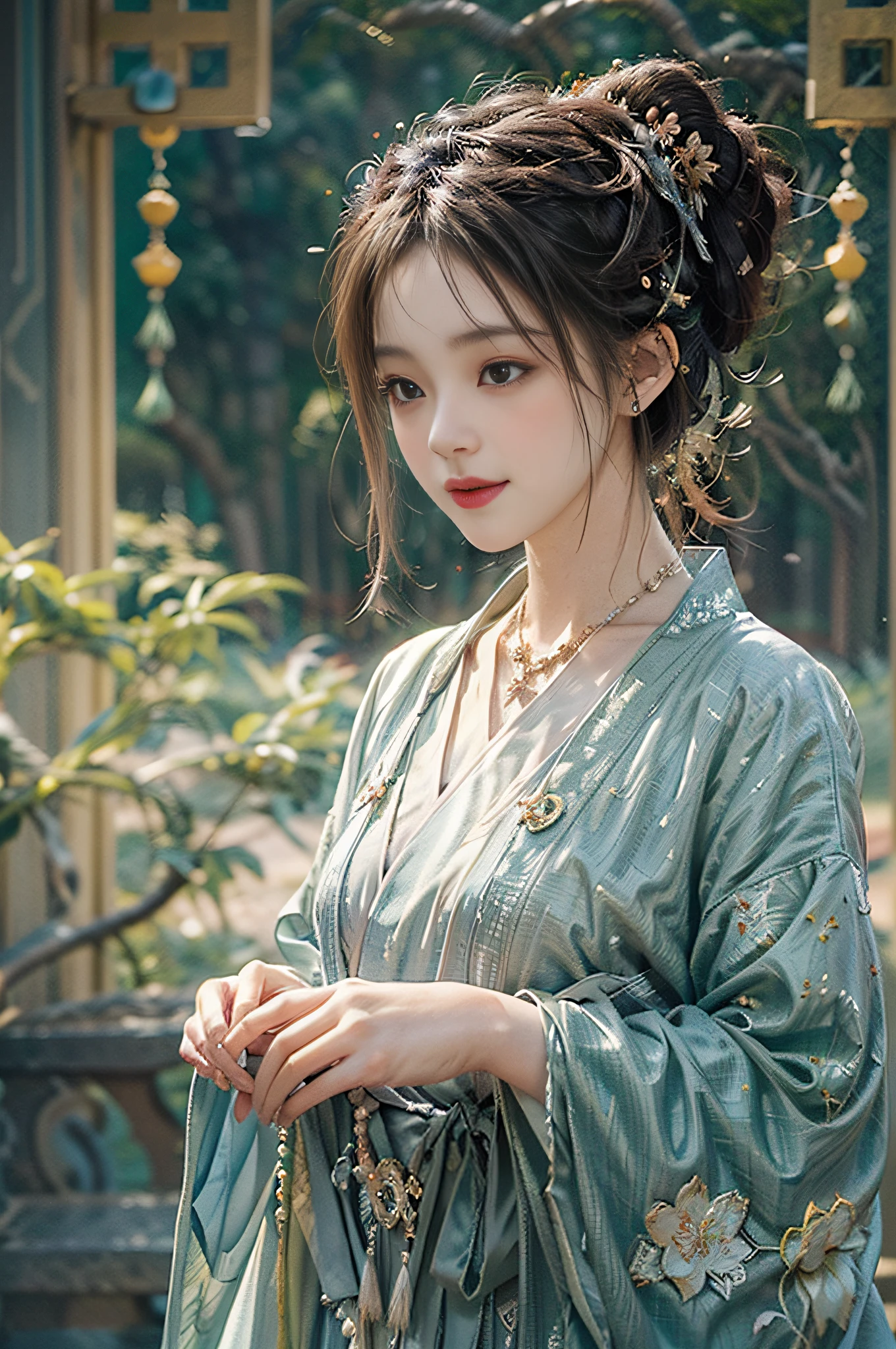 Este arte representa a una encantadora joven fotorrealista que lleva un hanfu tradicional., El hanfu está decorado con patrones intrincados y en colores nobles.. Su hanfu es suave como la seda., cubre elegantemente su figura de anatomía perfecta acentuando su silueta seductora. Ella tiene pechos enormes y un escote revelador.. Ella mira al espectador con una encantadora y ligera sonrisa en su hermoso rostro.. Ella se paró con gracia en la tranquila noche iluminada por la luna., bañado por el suave resplandor de la luz de la luna. La escena desprende una atmósfera oriental y de ensueño., Con un toque de misterio. El estilo gráfico combina técnicas de acuarela y CGI para evocar una belleza y un encanto refinados.. La luz de la luna brilla sobre sus rasgos faciales tridimensionales.. agregar_detalle:0.5, pelos recogidos, pelos medianos, diadema decorada con flores, collar de jade, arete