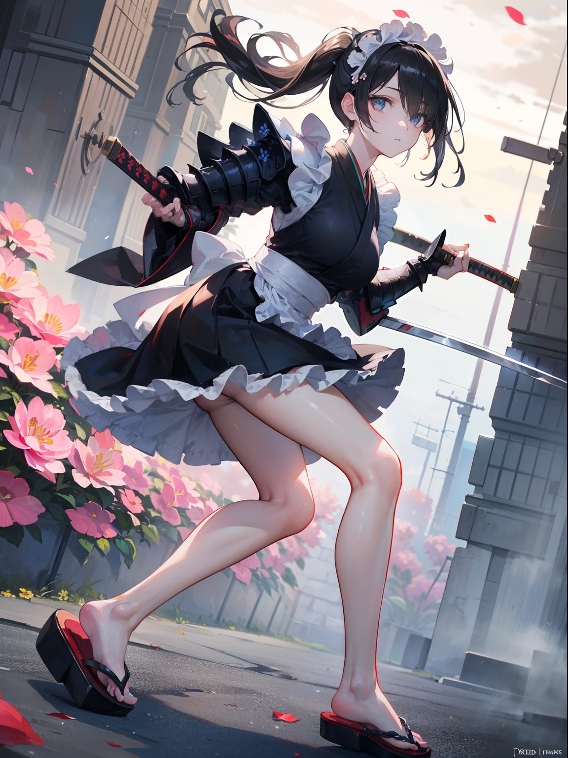 Best Quality, (Extremely detailed: 1.5), masutepiece, 超A high resolution,(photographrealistic:1.4), 1 beautiful girl, Cowboy Shot, (Wear battle armor:1.4), (Wear battle armor:1.6), (Floral part Terund black kimono:1.6), (maid:1.6), Black Maid Micro Skirt, holding a katana, Long straight hair, Hair over one eye,(Big eyes:1.1), Black hair, (Raw feet:1.3),Wind, Dynamic Angle, Dynamic Pose