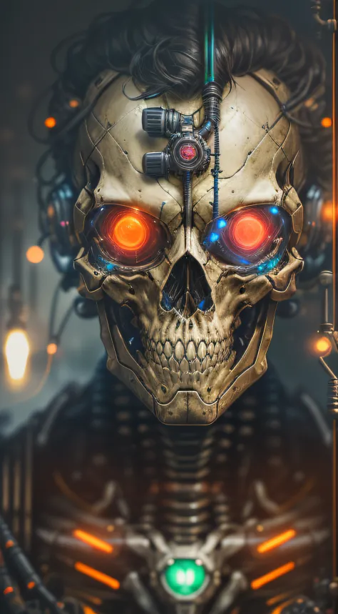 there is a man with a skull mask and goggles on, portrait of a cyber skeleton, cyberpunk skeleton, detailed portrait of a cyborg, cyber skeleton, close-up portrait of cyborg, cybernetic and highly detailed, mystical post apocalyptic cyborg, portrait of a c...