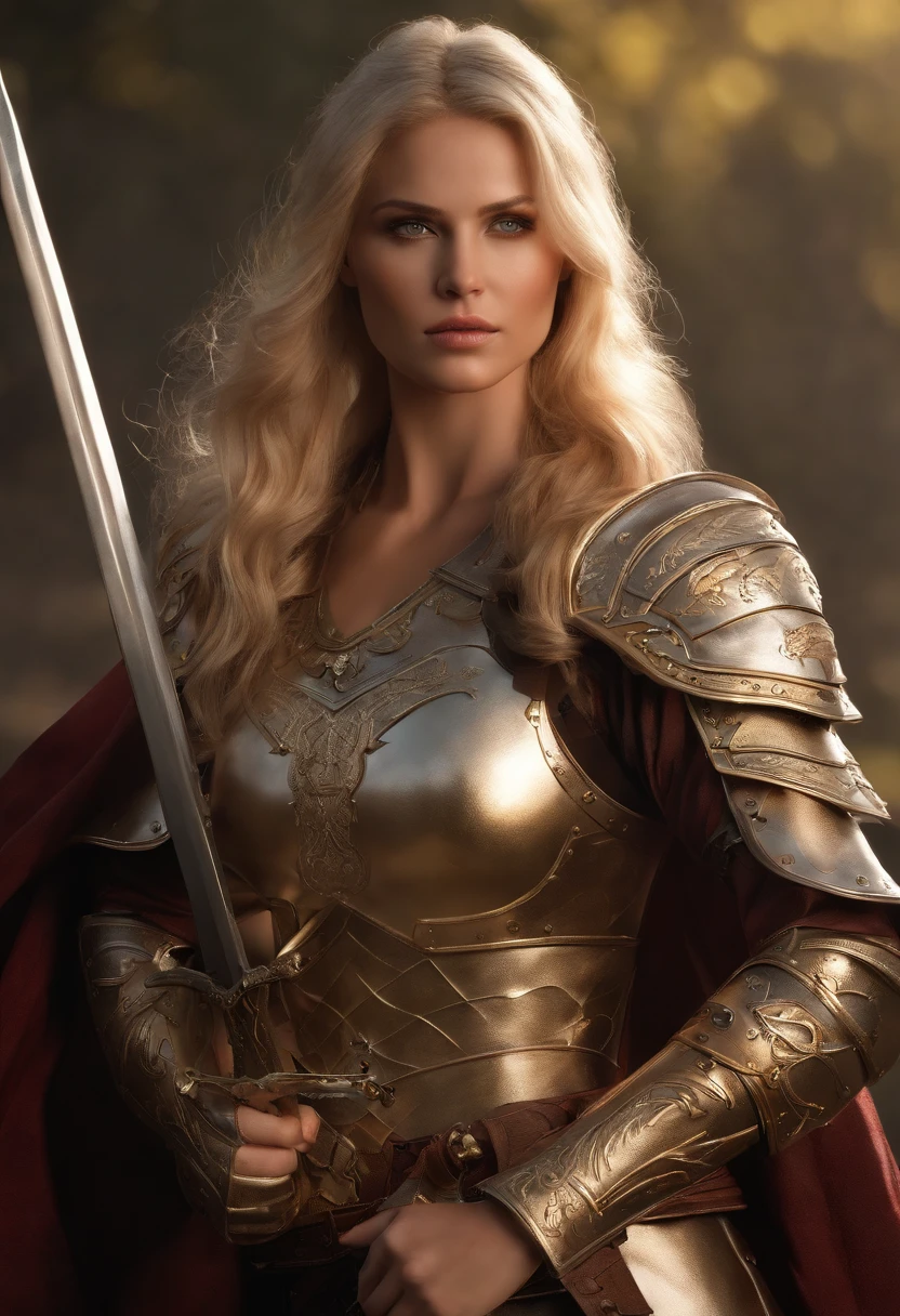 tmasterpiece，High-definition CG diagram，beautiful female warrior，One hand holds a sword，Helmet in one hand，Oversized models，Detailed eyes and face，Tall figure，The blonde，All-armor clothing，Over-the-knee boots，Brilliant armor colors，Exquisite decoration，Charming temperament，Tall figure，Wide buttock，Thick thighs，A majestic sight，Booth at war。