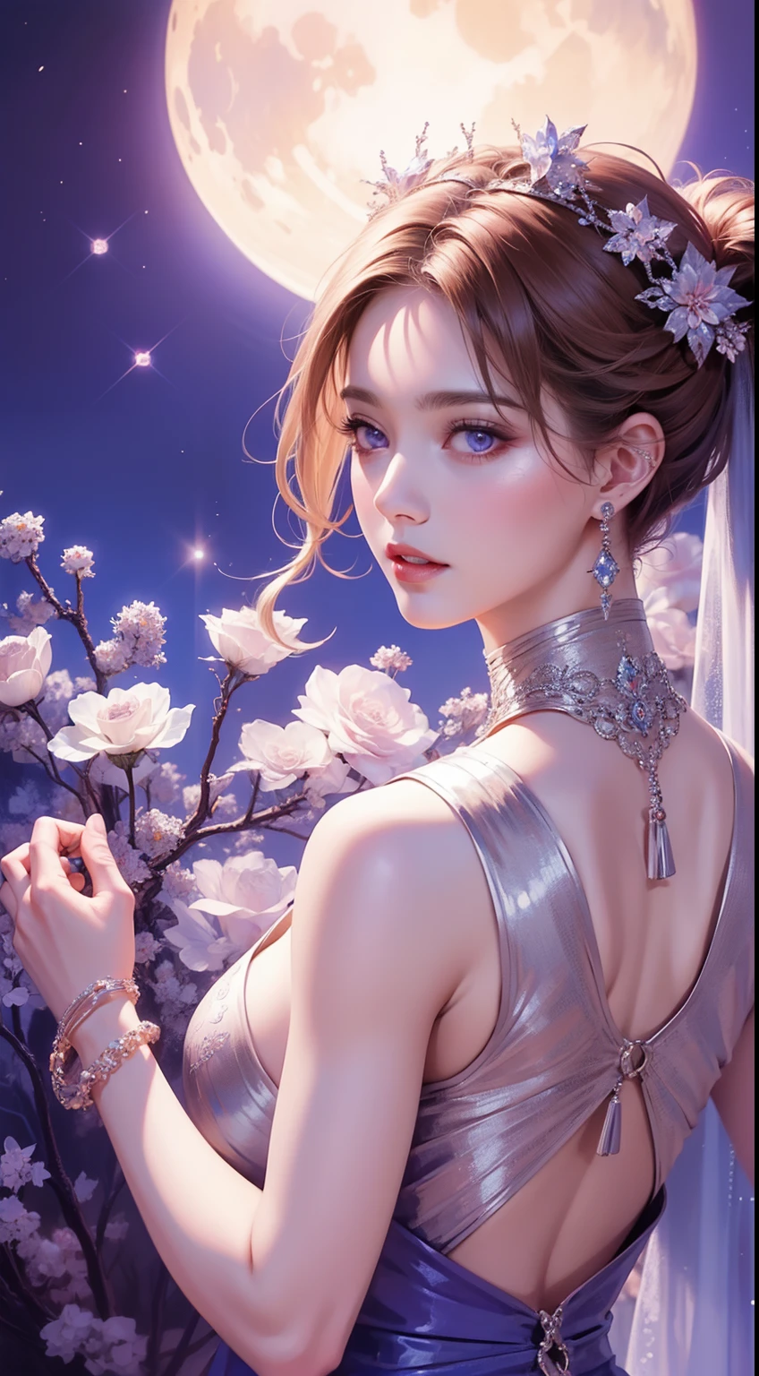 tmasterpiece，Highest high resolution，((themoon))，Dynamic bust of a beautiful aristocratic maiden，elegantly coiled brown chestnut hair，Purple clear eyes，Hair is covered with beautiful and delicate floral craftsmanship, Crystal Jewelry Filigree，Ultra-detailed details，upscaled，The Earth Rises。