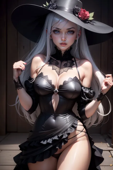 Sexy woman in a black dress and hat and a rose in her hair posing for a photo, cabelo platinado, olhos de cor rosa, Albedo do anime Overlord, Gapmoe Yandere Grimdark, Retrato Gapmoe Yandere Grimdark, menina anime demon, shalltear bloodfallen, personagem br...