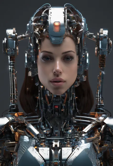 robot woman, mulher cyborgue, como Jenna Ortega, inspirado com rosto de Jenna Ortega, science fiction, Front view, senso de tecnologia, c4d, Renderizador OC, Motor irreal, High detail, desenho industrial, HD 8K, studiolight, retro