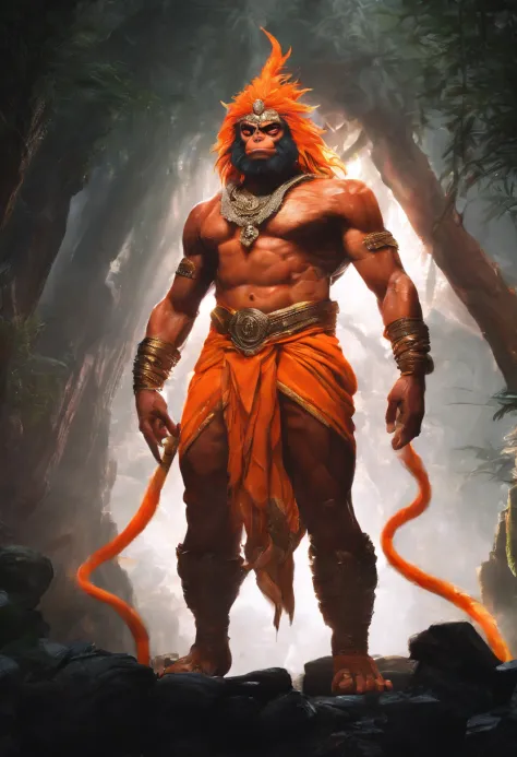 LORD HANUMAN ,a 35 years old man who has a face of a monkey, has a long tail as a monkey, proper eyes, An Indian god, Lord Hanuman, face of a monkey , moderate stature, has a big tail, Fire on the background, strongly built, broad-chested, narrow-waisted, ...