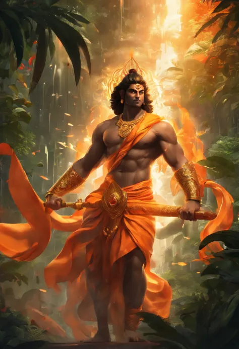 LORD HANUMAN ,a 35 years old man who has a face of a monkey, has a long tail as a monkey, proper eyes, An Indian god, Lord Hanuman, face of a monkey , moderate stature, has a big tail, Fire on the background, strongly built, broad-chested, narrow-waisted, ...