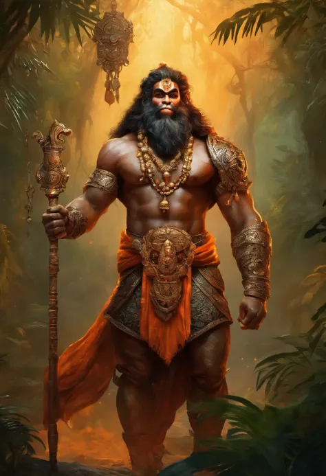 LORD HANUMAN ,a 35 years old man who has a face of a monkey, has a long tail as a monkey, proper eyes, proper hands, proper legs, An Indian god, Lord Hanuman, face of a monkey , moderate stature, has a big tail, Fire on the background, strongly built, broa...
