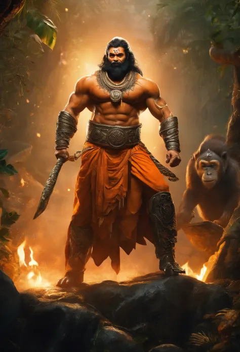 LORD HANUMAN ,a 35 years old man who has a face of a monkey, has a long tail as a monkey, proper eyes, proper hands, proper legs, An Indian god, Lord Hanuman, face of a monkey , moderate stature, has a big tail, waterfall in the background, sunset, sunkiss...