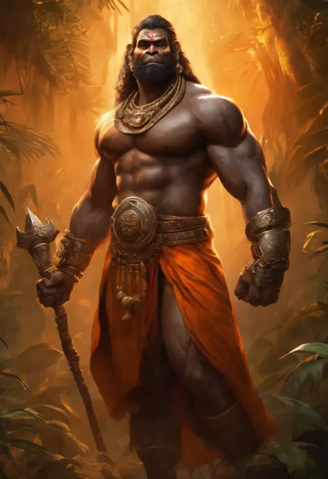 LORD HANUMAN ,a 35 years old man who has a face of a monkey, has a long tail as a monkey, proper eyes, proper hands, proper legs, An Indian god, Lord Hanuman, face of a monkey , moderate stature, has a big tail, waterfall in the background, sunset, sunkiss...