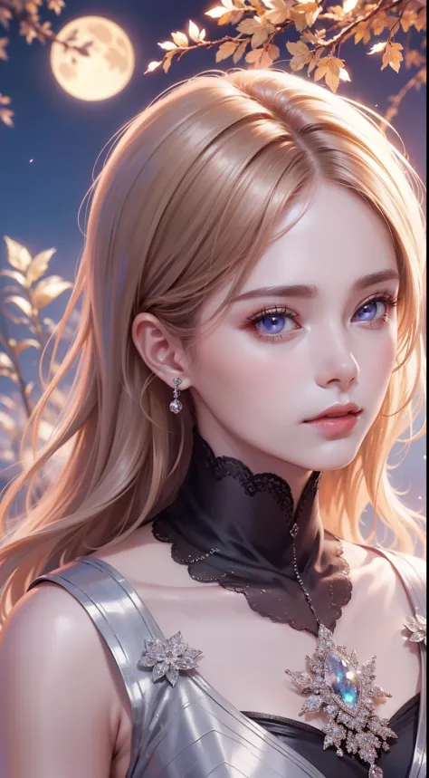 tmasterpiece，Highest high resolution，((themoon))，Dynamic bust of a beautiful aristocratic maiden，elegantly coiled brown chestnut hair，Purple clear eyes，Hair is covered with beautiful and delicate floral craftsmanship, Crystal Jewelry Filigree，Ultra-detaile...