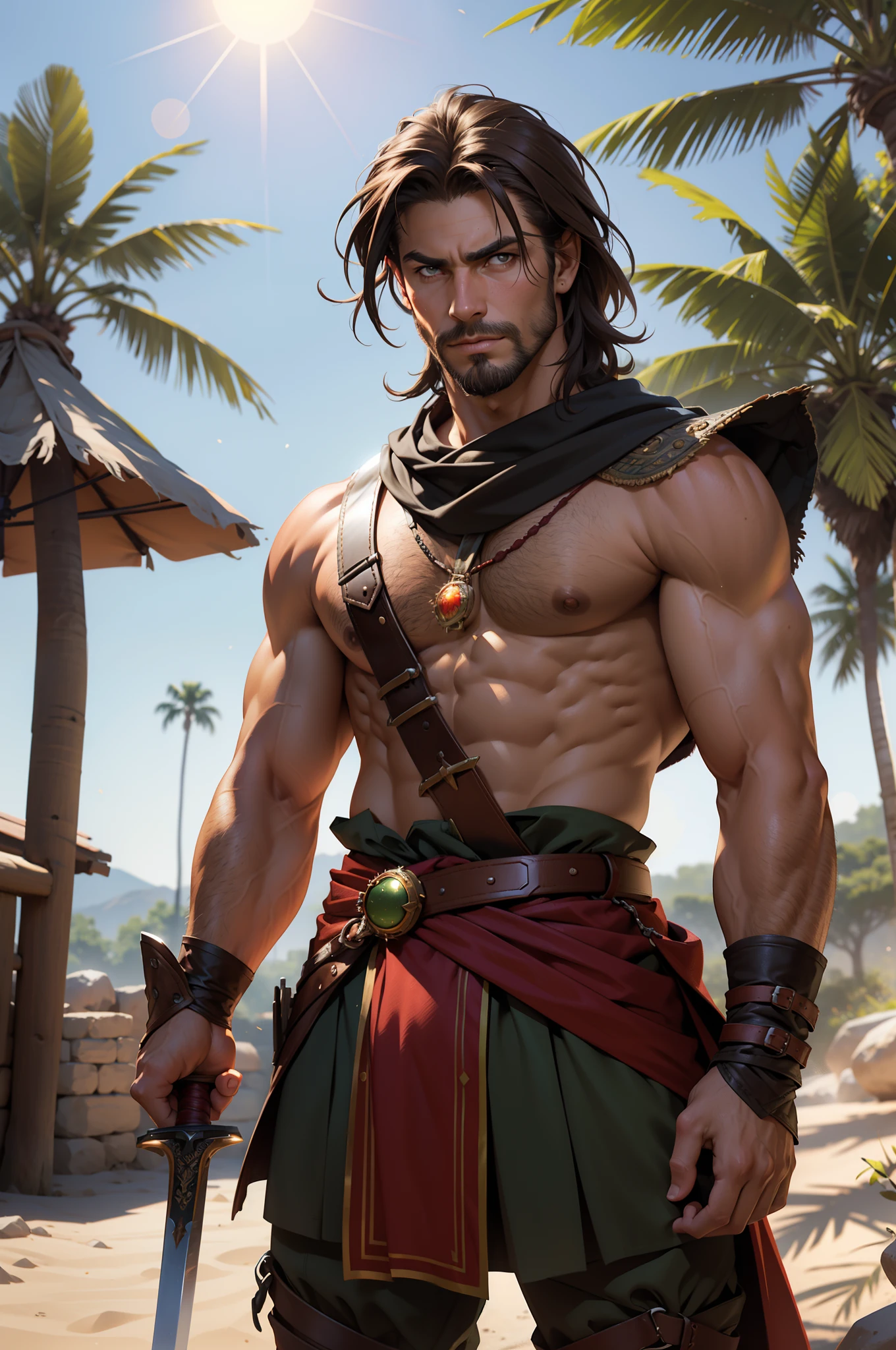 Portrait of 1man, muscular, Caucasian, tanned skin, shoulder-length brown hair, pointed brown beard, brown eyes, wearing belt, wearing red loincloth, wearing chainmail shirt, (alien planet with 1 large red sun and 1 small green sun), dramatic stance, holding sword hilt, looking at viewer, bokeh, raytracing, realistic textured skin, particle effects, depth of field