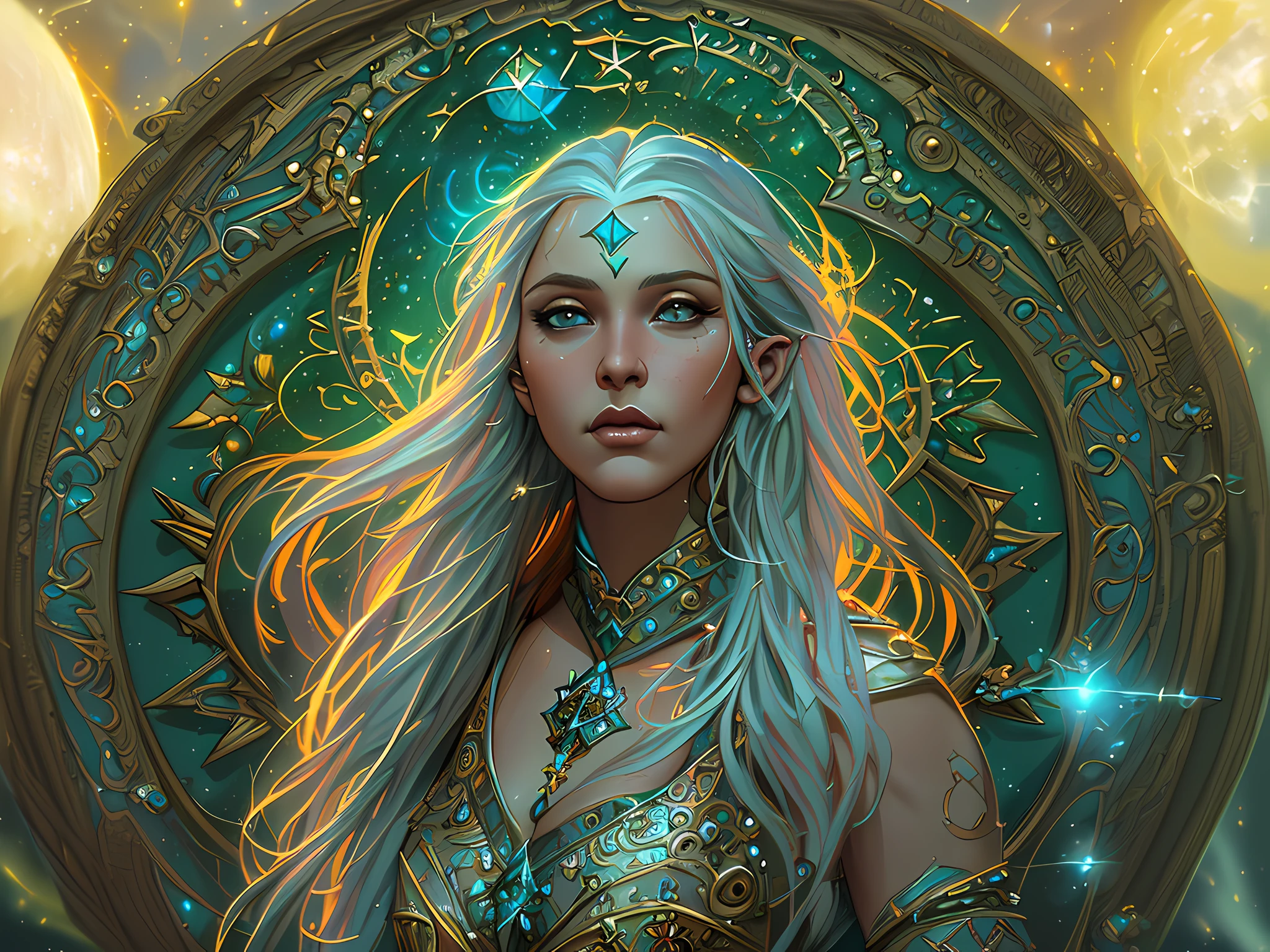 high details, best quality, 16k, absurdres [ultra detailed], masterpiece, best quality, (extremely detailed), dynamic angle, ultra wide shot, photorealistic, fantasy art, dnd art, rpg art, a female human druid of the stars (best details, Masterpiece, best quality :1.5), priestess of nature, controlling magical energy made of stars, swirling blue stary magical light, divine symbols (1.5 intricate details, Masterpiece, best quality, absurdres), human female (best details, Masterpiece, best quality :1.5),  extremally beautiful (best details, Masterpiece, best quality :1.5), ultra feminine (best details, Masterpiece, best quality :1.5), dynamic hair, dynamic hair color, wearing leather armor, holding a staff, moon light, stars, dynamic natural background,  RPG art, magical atmosphere, ultra best realistic, best details, best quality, absurdres, 16k, [ultra detailed], masterpiece, best quality, (extremely detailed), ultra wide shot, photorealism, depth of field, hyper realistic painting, 3D rendering