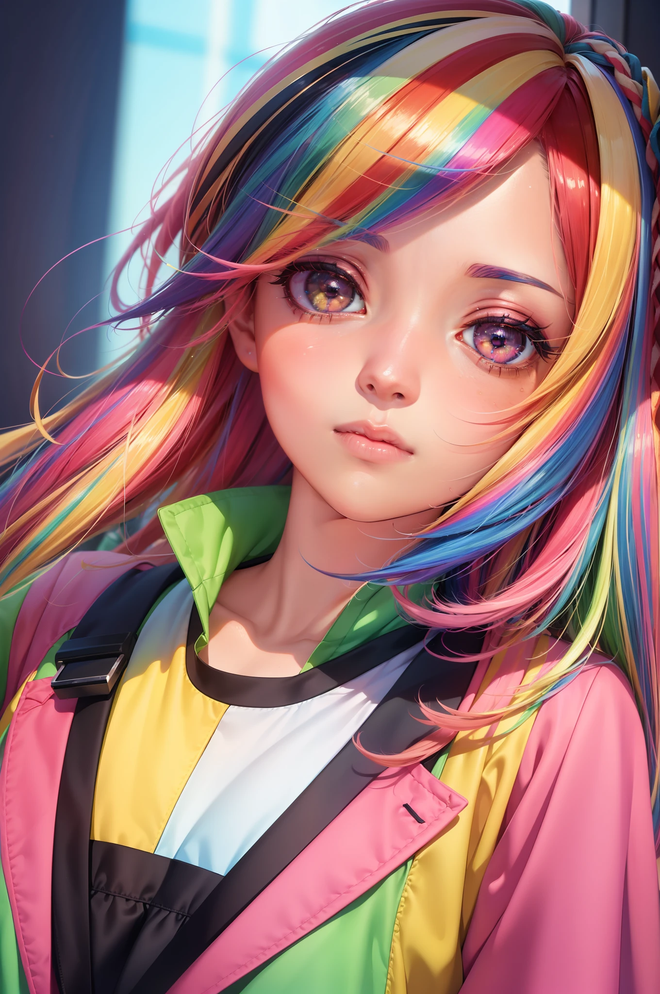 ((um olho rosa um olho amarelo)),Menina anime com rainbow hair ,uniforme de futebol,photorealistic anime girl rendering, render de uma menina anime 3d bonito, 8k portrait render