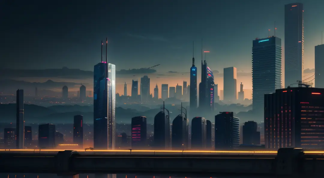cidade estilo cyberpunk, muito iluminada, with several buildings in focus