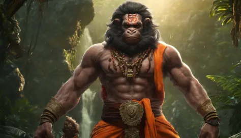 LORD HANUMAN ,a 35 years old man who has a face of a monkey, has a long tail as a monkey, proper super detailed eyes, proper super detailed  hands, proper super detailed legs, An Indian god, Lord Hanuman, face of a monkey , moderate stature, has a big tail...
