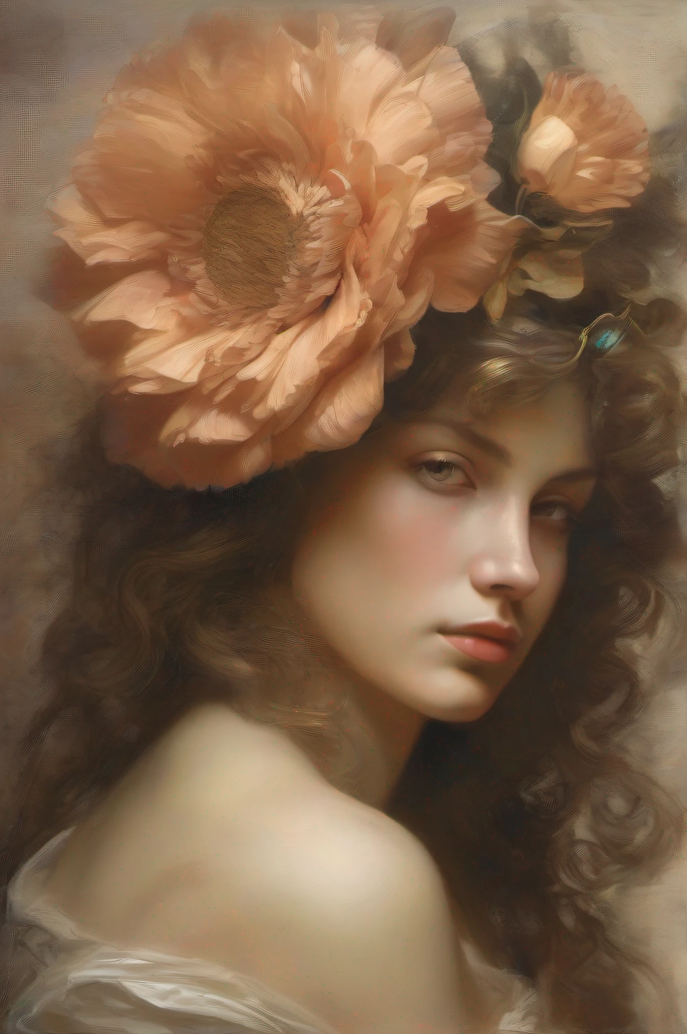 Painting of a woman with a flower in her hair - SeaArt AI