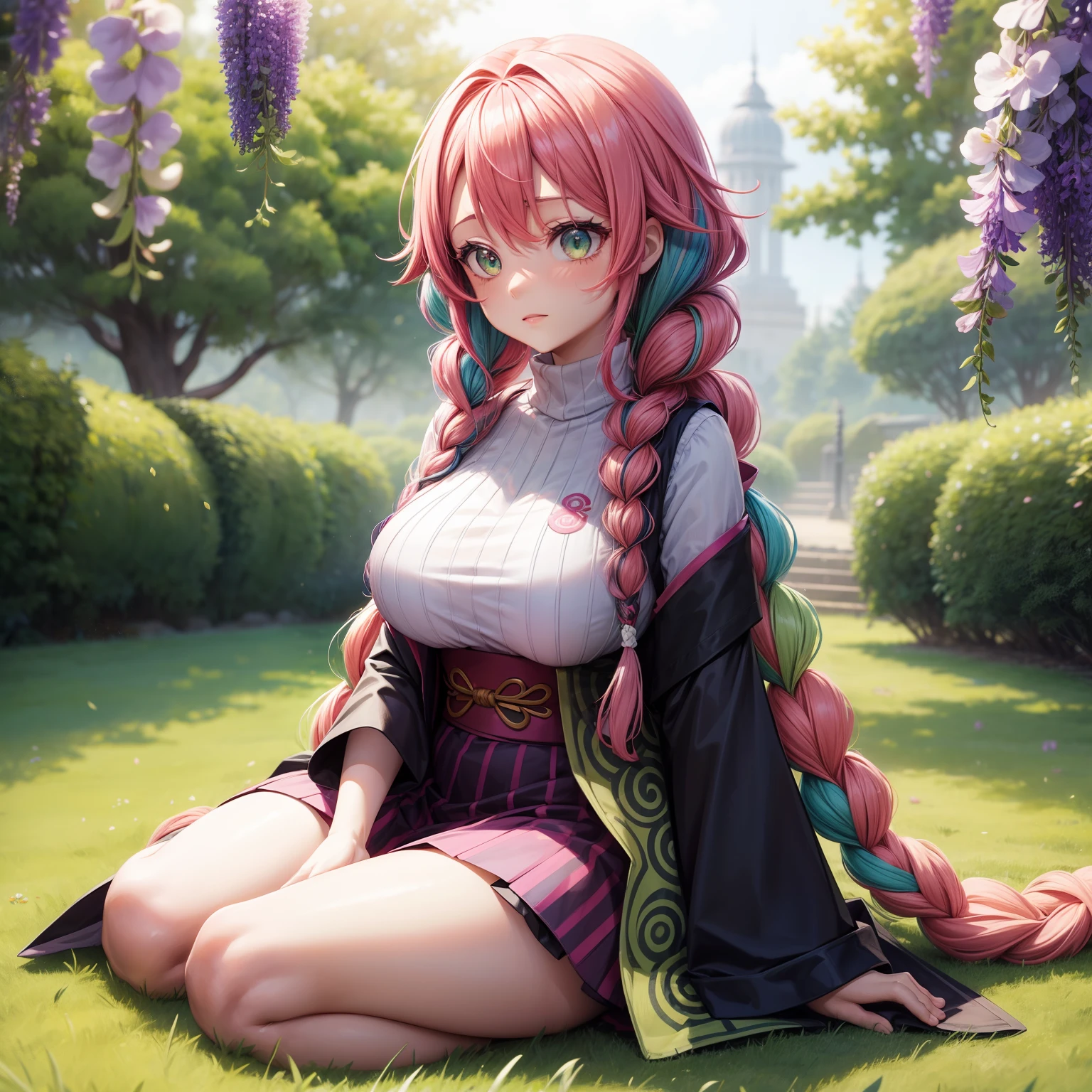 Anime girl with long pink hair sitting on the grass in front of a building  - SeaArt AI