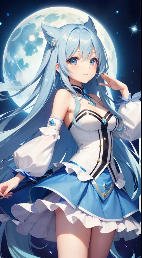 Chibichara、long hair with blue hair、Fluffy Dodge、girl with（(Chibi Chara))、Engaging pose、Blue and white costume、Fantasia、Luminous Crystal、Crystal jade、constellation、a moon、Fantastic background、masutepiece