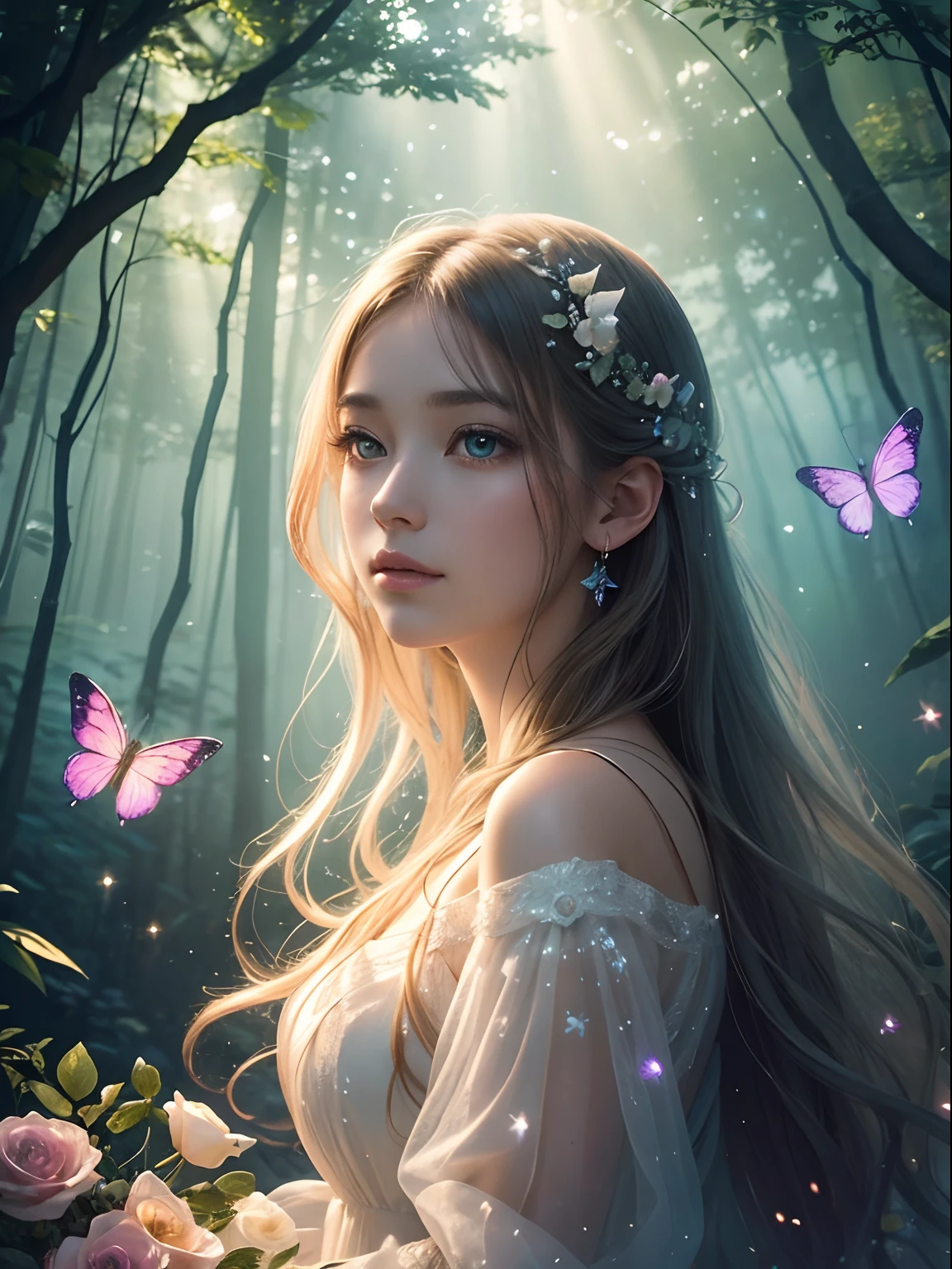 best quality,ultra-detailed,realistic,photography,portrait,ethereal lighting,dream-like atmosphere,beautiful girl,flowing dress,mystical forest,glowing butterflies,luminous flowers,colorful aura,rays of light,enchanted landscape,surreal elements,fantasy,sparkling stars,whimsical,illustration,vibrant colors,soft focus,magical ambiance,ethereal beauty,peaceful,serene,harmonious,otherworldly,lost in the moment,transformation,beauty in nature,tranquil,captivating,mesmerizing,unforgettable
