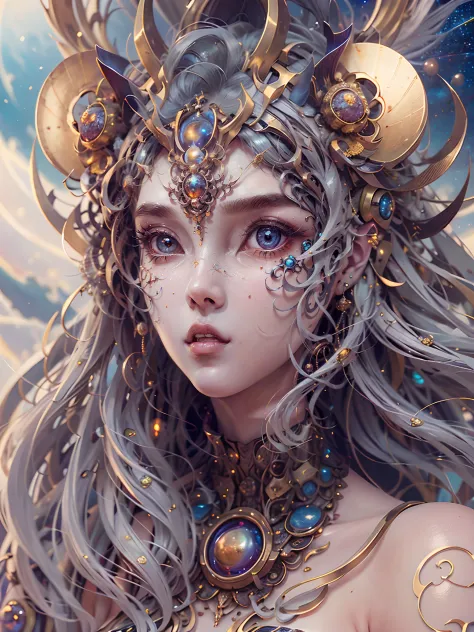（best qualtiy，ultra - detailed，Most Best Illustration，Best shadow，tmasterpiece，A high resolution，professionalartwork，famousartwork），Detailed eyes，beautidful eyes，closeup cleavage，up body, sci-fy，colored sclera，Robot eyes，face markings，Tattooed with，（fracta...