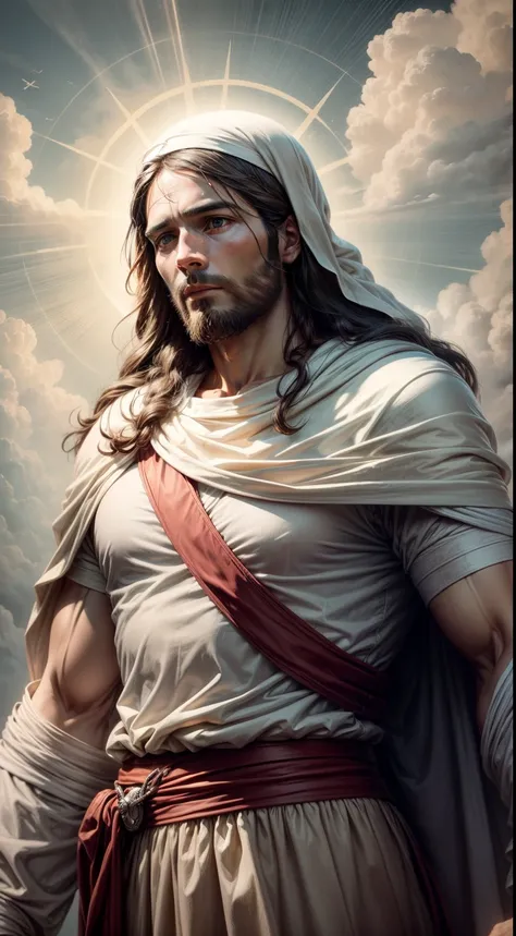 ((JESUS OF NAZARETH)), hovering over the clouds, 33 years old, whole ...