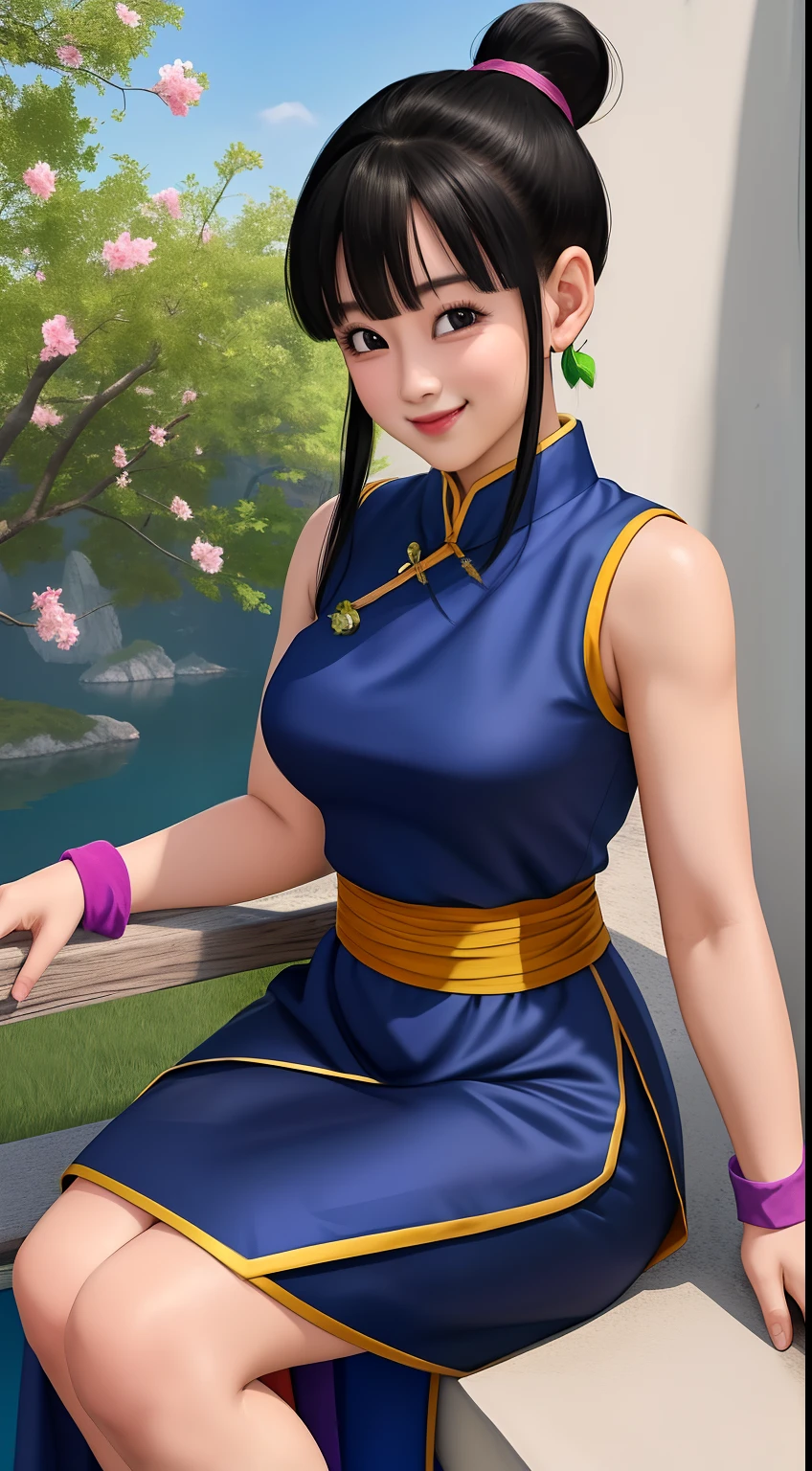 masterpiece, best quality,8k, highres, dragon ball, bbchichi, (low ponytail:1.1), black eyes, chinese clothes, blue dress, sleeveless, wristband, sash, sitting, bench, smile, petals, outdoors