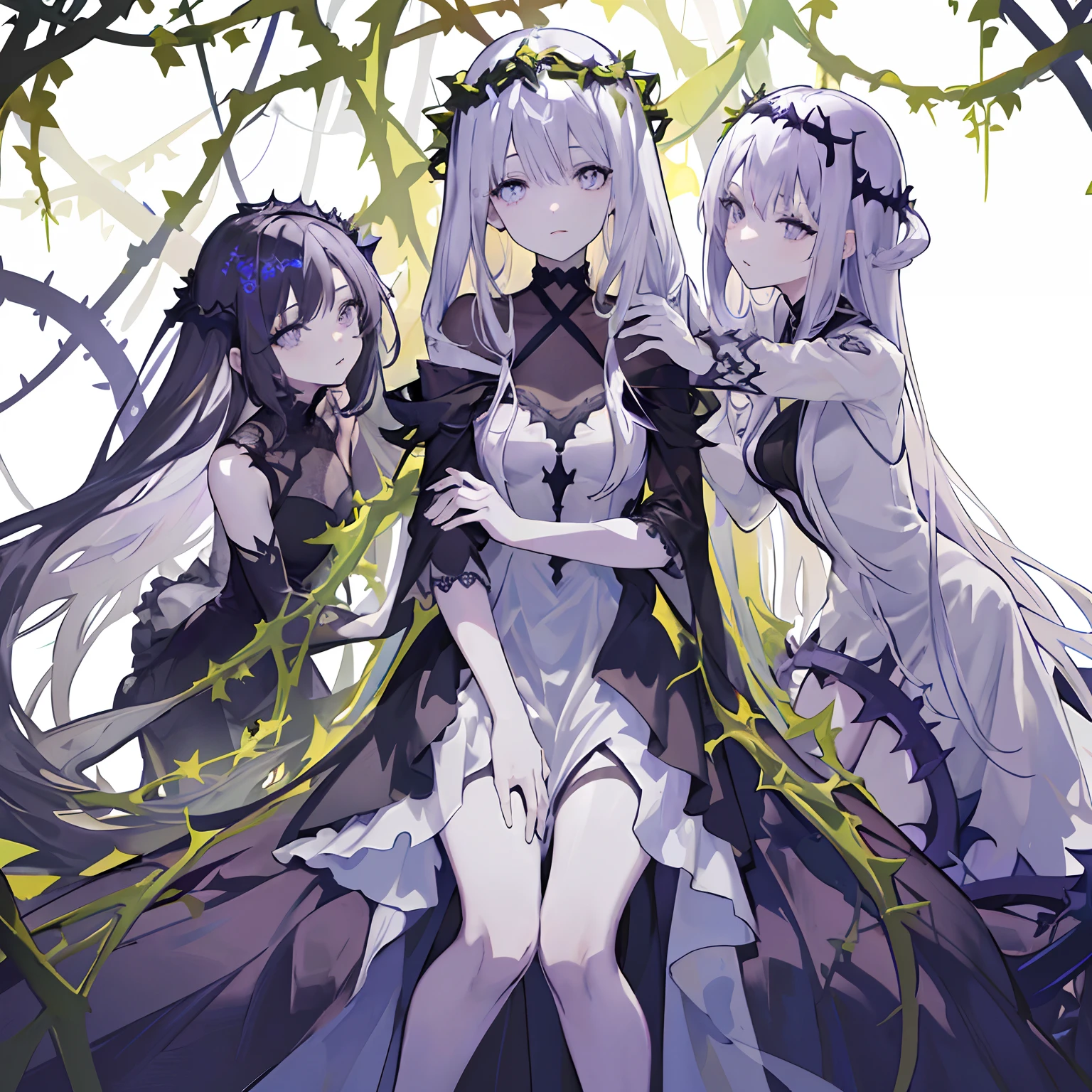 ((masterpiece:1.4, best quality))+, (ultra detailed)+,(ultra detailed eyes)+,
(cute 1girl),15 years old,(violet eyes:1.15),silver hair, very long hair,(wariza:1.2),pale skin,closed mouth,sad,
(She is dressed in a gown made of intertwining vines:1.5),(flat chest:1.2),(vines dress:1.4),(dress made of vines:1.2),(surrounded by vines:1.4),
(despair:1.3),gothic,
(dark yellow vines:1.3),leaves,(vines tree:1.1),
(dawn light:1.2),violet,
(heavy Monochrome:1.16),(depth of field:1.4),