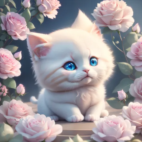 there is a white kitten sitting in a bed of pink roses, adorable digital painting, cute detailed digital art, cute digital art, cute 3 d render, cute detailed artwork, anime visual of a cute cat, beautiful and cute, cute cat, beautiful digital artwork, cut...
