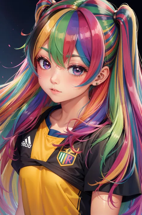 Menina anime, uniforme de futebol, rainbow hair