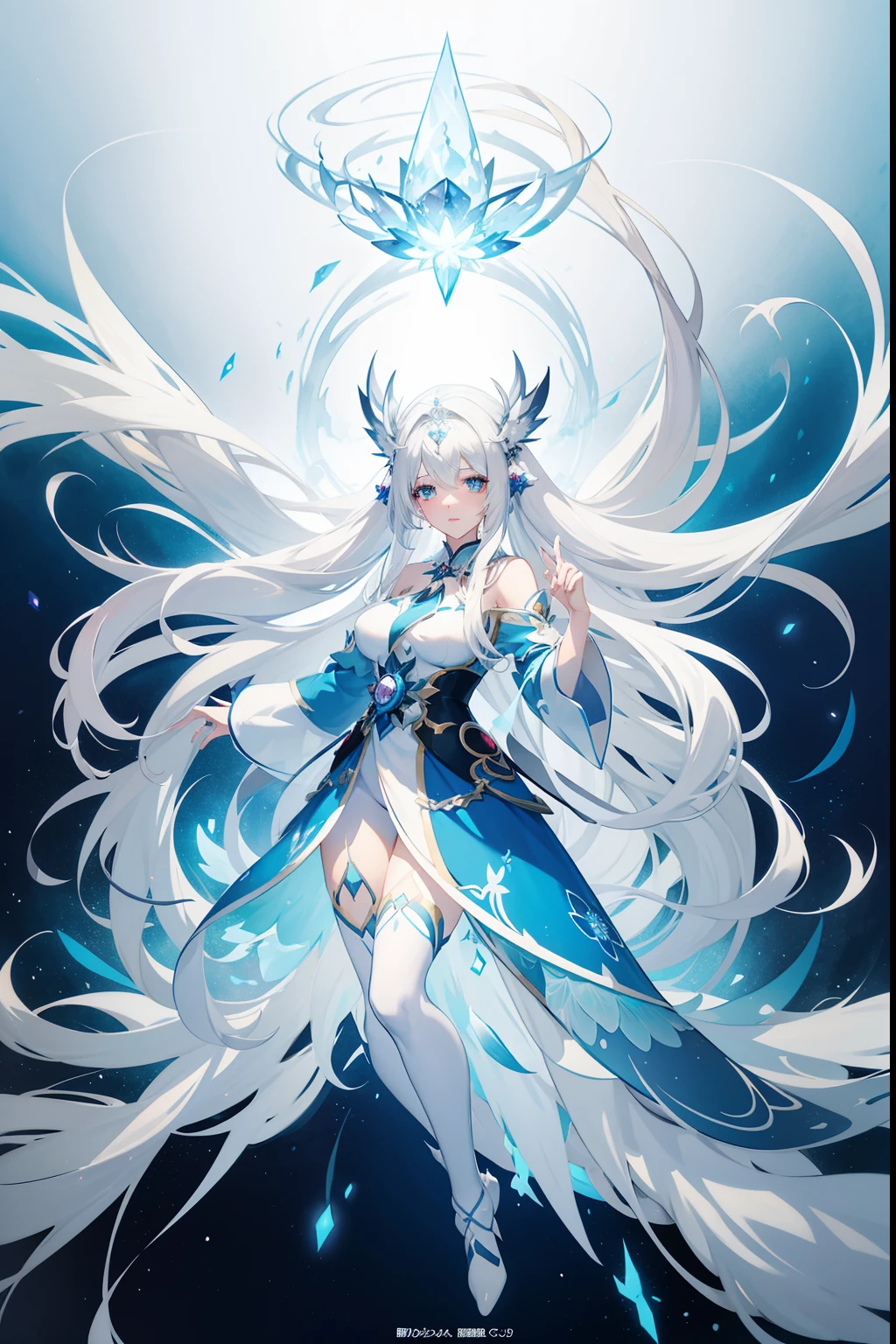anime girl with long white hair and a blue dress in the snow, white haired deity, white hair floating in air, anime fantasy illustration, flowing white hair, beautiful young wind spirit, beautiful fantasy anime, glowing flowing hair, ethereal anime, beautiful anime artwork, beautiful digital artwork, anime fantasy artwork, ((a beautiful fantasy empress)), 2. 5 d cgi anime fantasy artwork