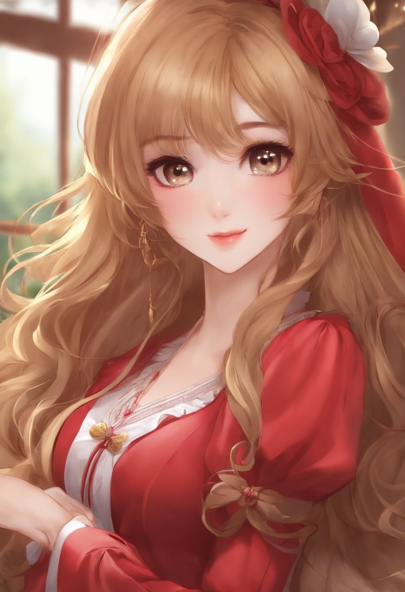 18 year old beautiful girl, big eyes, large breasts, petite and slender, 8K, top quality, (very detailed head: 1.0), (very detailed face: 1.0), (very detailed hair: 1.0), maid clothes, very detailed official artwork, anime moe art style, clean detailed anime art, smile, golden hair, smooth long hair