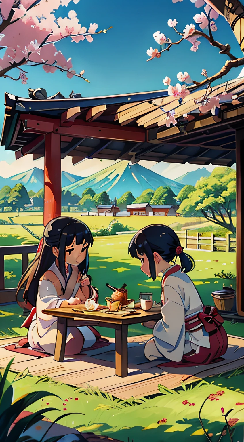 Two girls sitting at a table eating food under a covered gaze - SeaArt AI