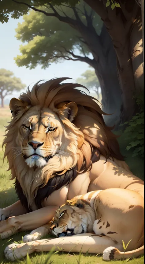 Create an artwork depicting a serene scene of a sleeping lion. Picture the lion resting peacefully in its natural habitat, perhaps under the shade of a large tree or in the tall grass of the savanna. Capture the tranquility of the moment, emphasizing the l...