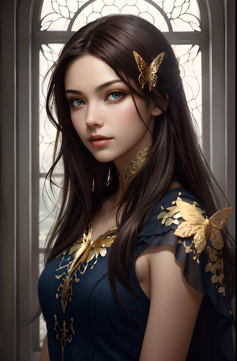 8k portrait of beautiful cyborg with brown hair, Intricate, elegant, Highly detailed, Majestic, Digital photography, art by artgerm and ruan jia and greg rutkowski surreal painting gold butterfly filigree, Broken glass, (Masterpiece, side-lighting, fine detailed beautiful eyes: 1.2), hdr, (Detailed background window for the new dimension, plants and flowers:0.7) unlimited, Infinity symbol,