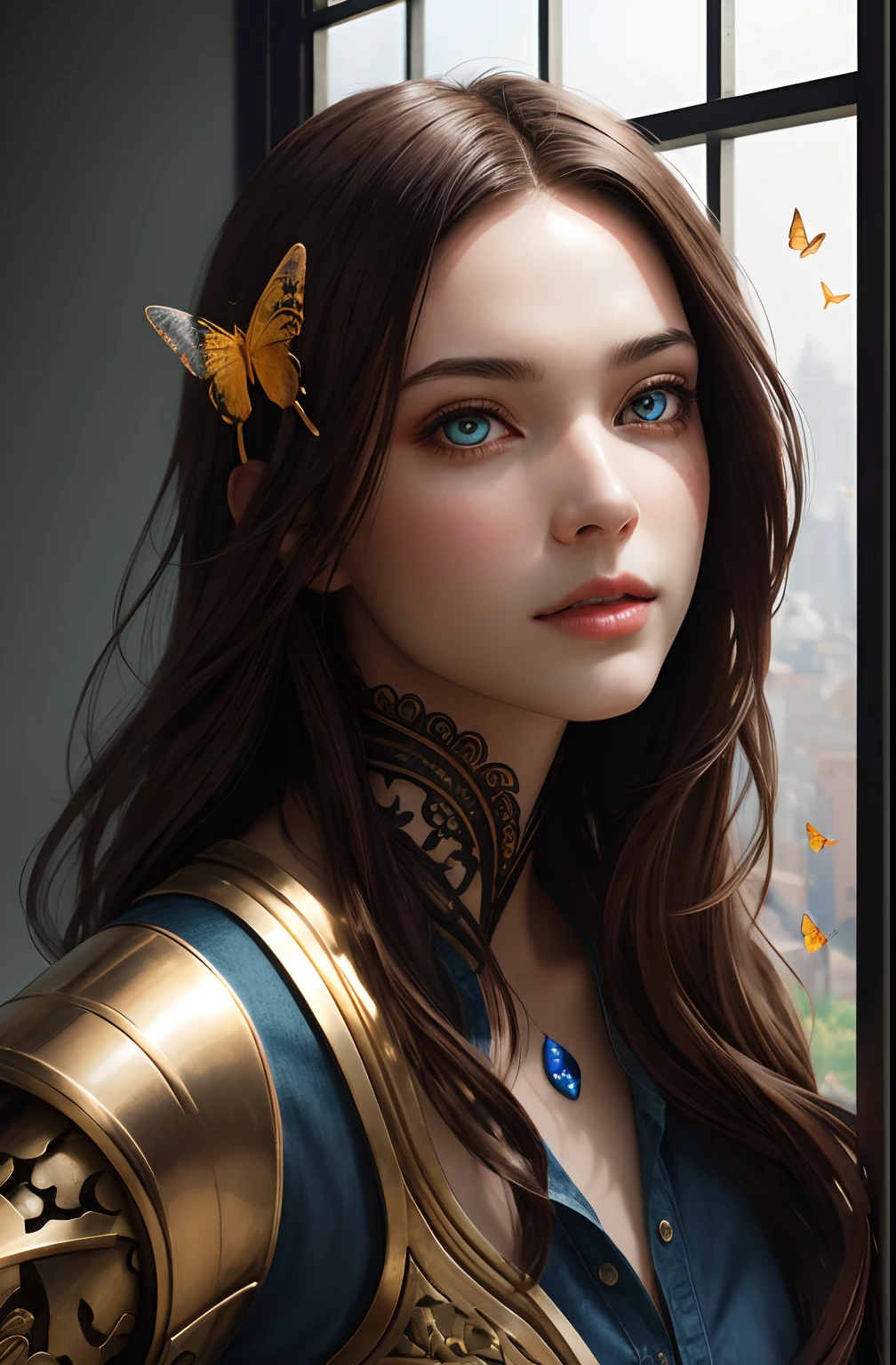 8k portrait of beautiful cyborg with brown hair, Intricate, elegant, Highly detailed, Majestic, Digital photography, art by artgerm and ruan jia and greg rutkowski surreal painting gold butterfly filigree, Broken glass, (Masterpiece, side-lighting, fine detailed beautiful eyes: 1.2), hdr, (Detailed background window for the new dimension, plants and flowers:0.7) unlimited, Infinity symbol,