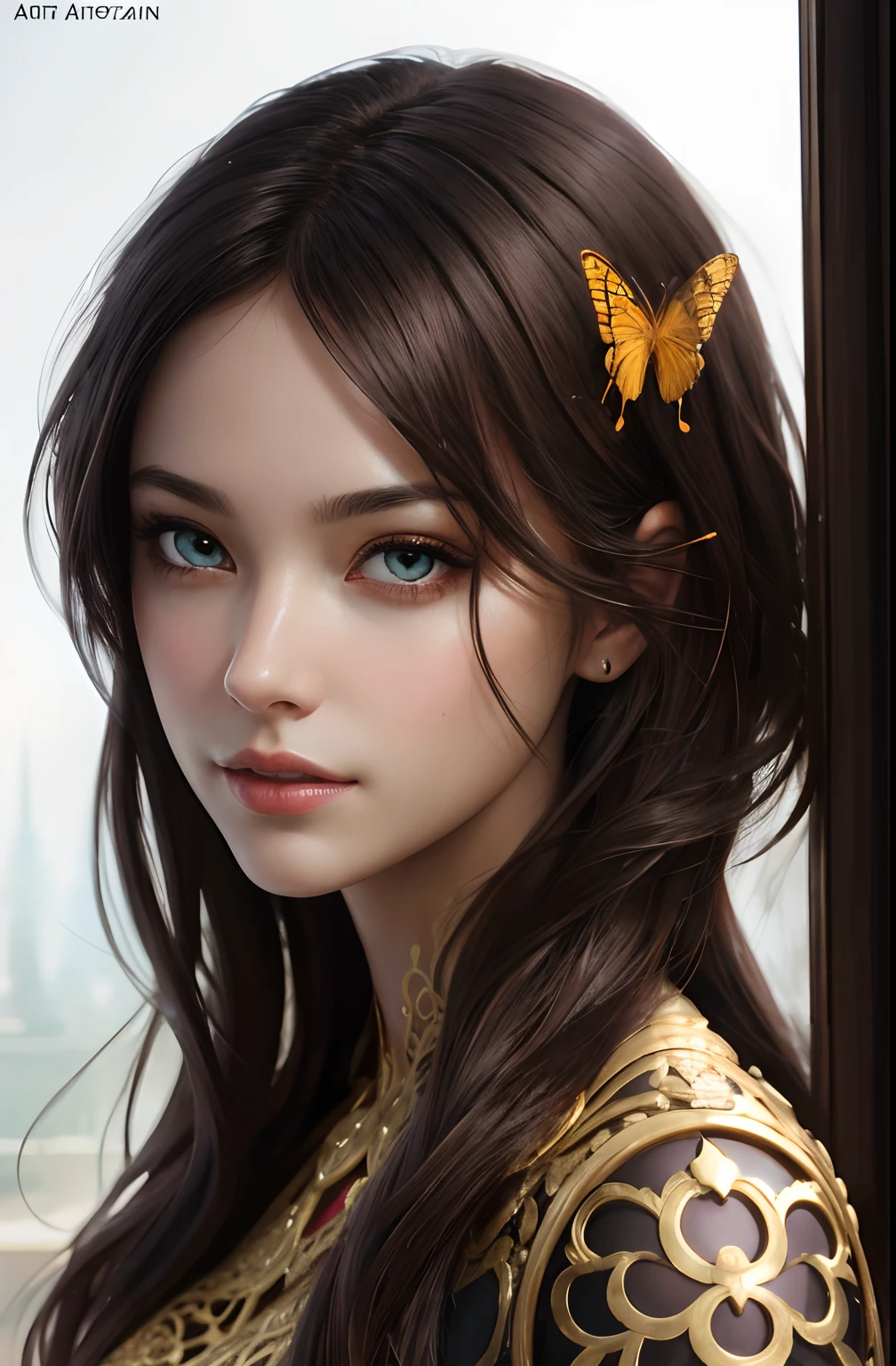 8k portrait of beautiful cyborg with brown hair, Intricate, elegant, Highly detailed, Majestic, Digital photography, art by artgerm and ruan jia and greg rutkowski surreal painting gold butterfly filigree, Broken glass, (Masterpiece, side-lighting, fine detailed beautiful eyes: 1.2), hdr, (Detailed background window for the new dimension, plants and flowers:0.7) unlimited, Infinity symbol,