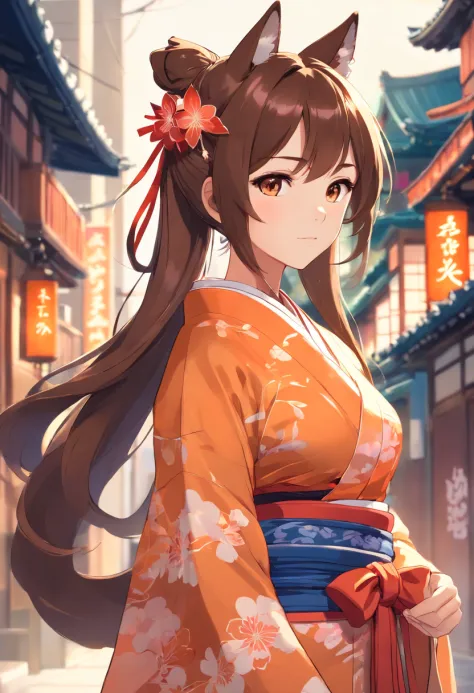 1 girl, long brown hair, pony tail hair, moderate breast, wearing intricate kimono, wearing hair accessories, fox ears